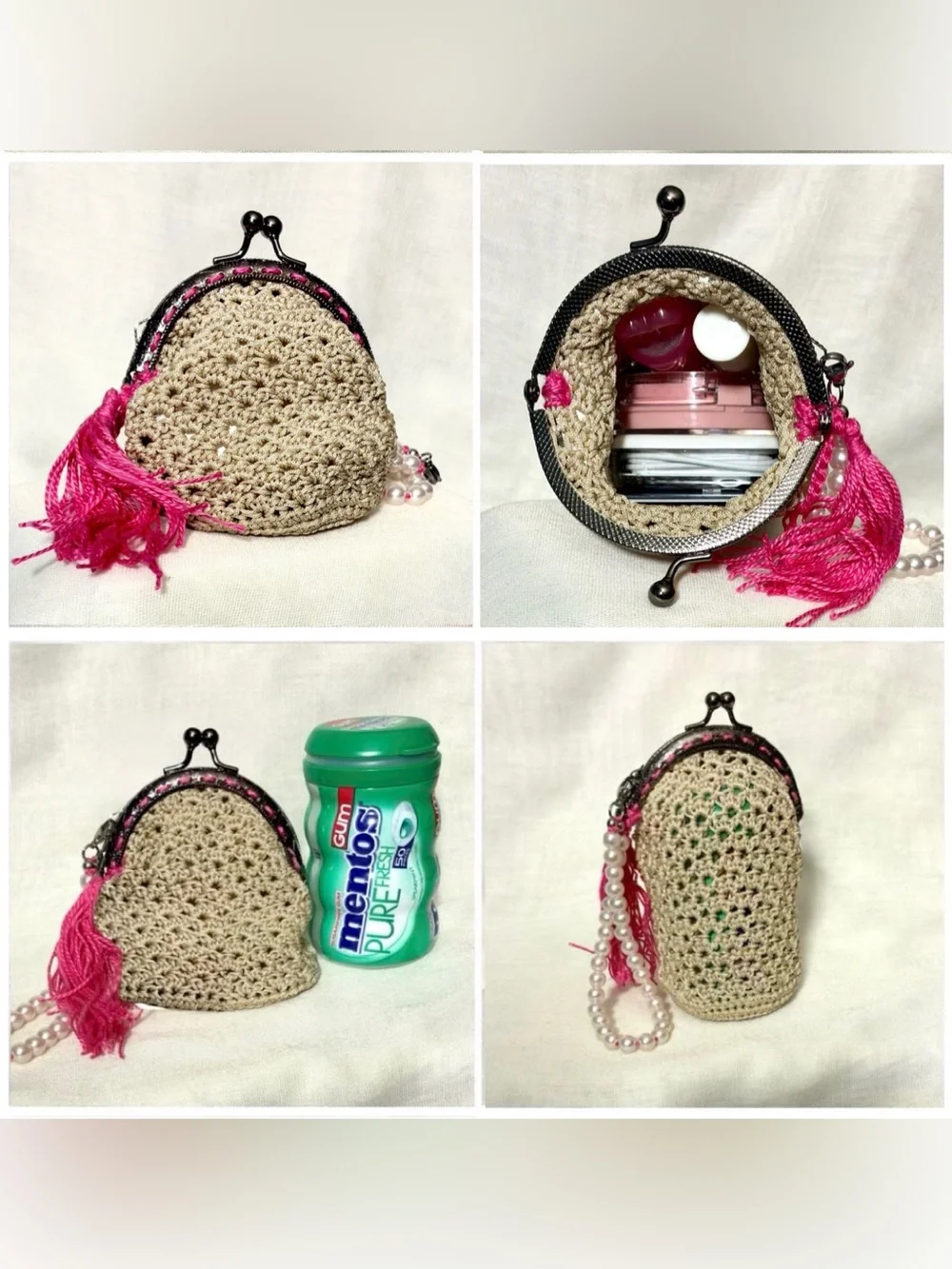 Champagne Crème Silk Crochet MD Sz Coin Purse w Pink Tassel & Pearl Wrist Strap
